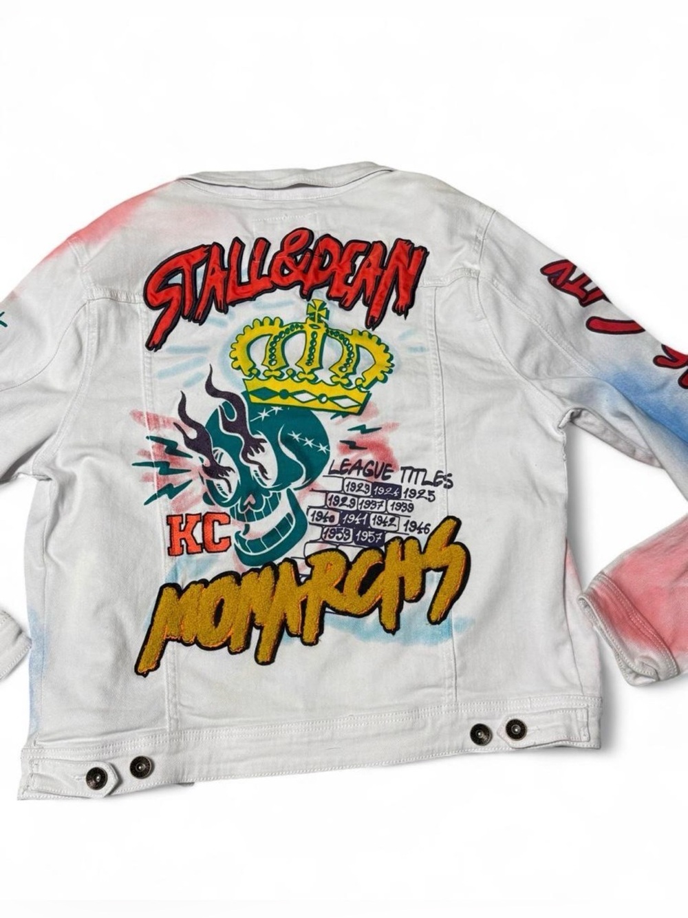 Stall & Dean KC Monarchs Graphic Denim Jacket Large White Y2K Streetwear